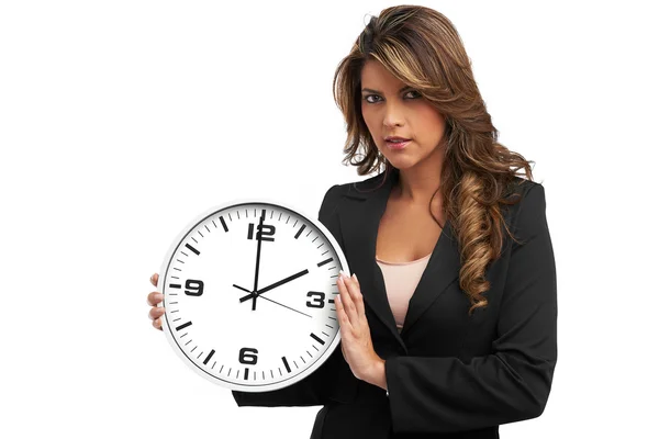 Mujer de negocios sosteniendo reloj. Aislado sobre blanco — Foto de Stock