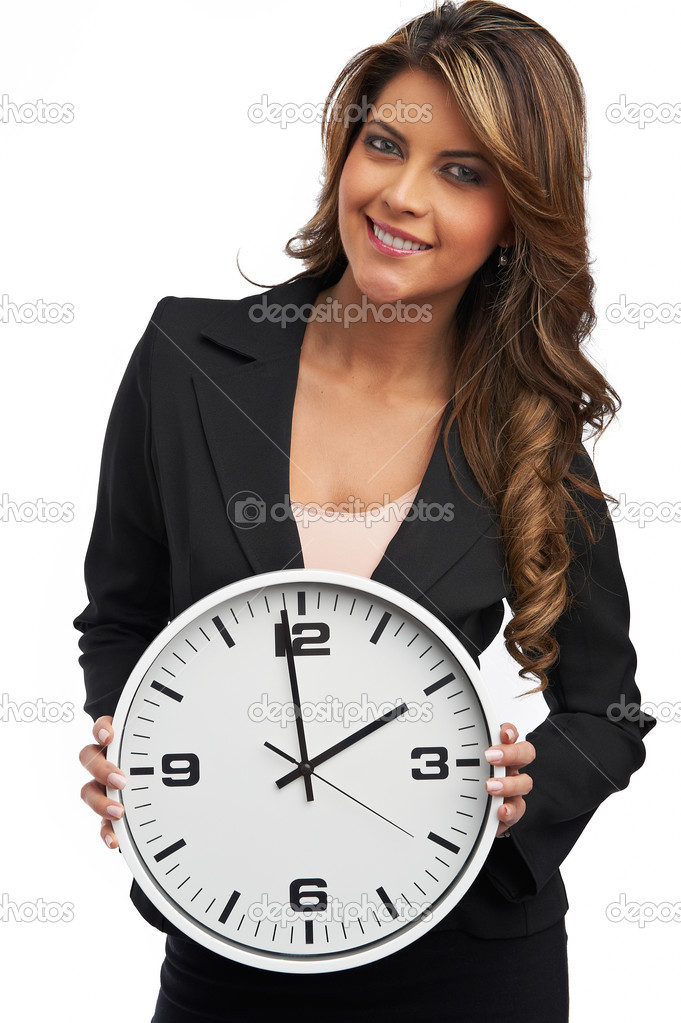 Business woman holding clock. Isolated over white