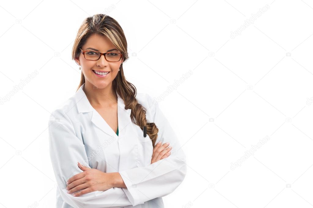 Smiling medical woman doctor. Isolated over white background