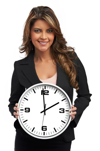 Business woman holding clock. Isolated over white — Stock Photo, Image