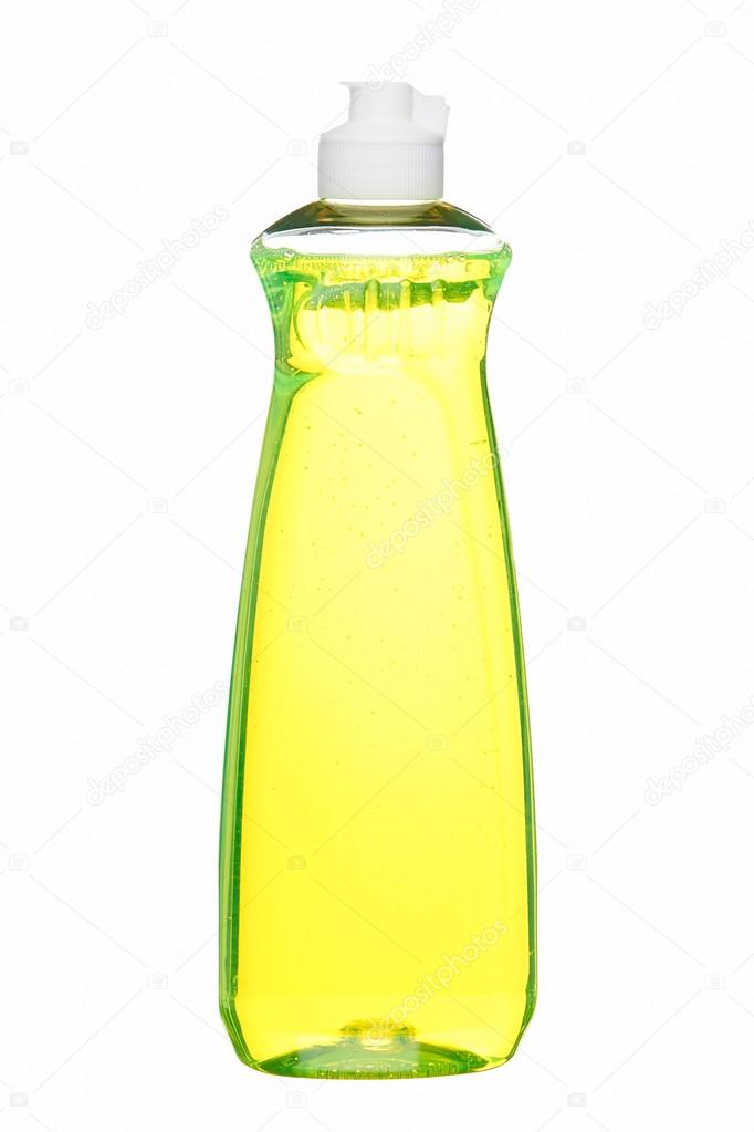 bottle of yellow dish washing liquid isolated on white