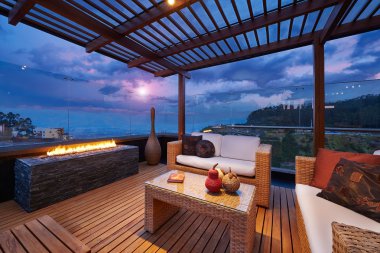 Interior design: Beautiful modern terrace lounge with pergola at