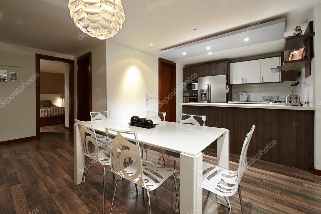Sorozat lakberendezés: modern apartman, étkező és konyha körn ...