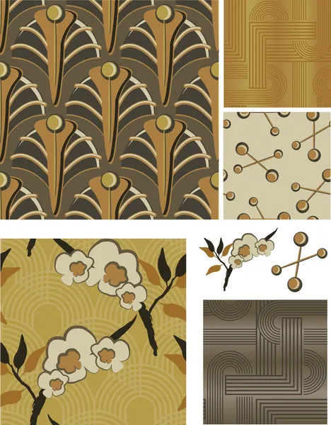 1930 's Art Deco Inspired Floral Seamless Vector Patterns . Векторная Графика