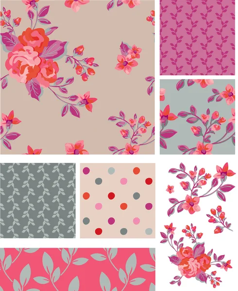 Delicate Pink Vector Rose Seamless Patterns and Elements. Royalty Free Stock Illustrations