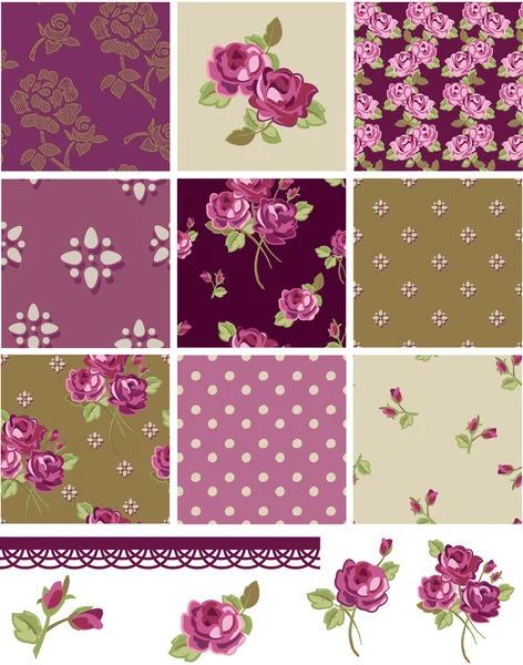 Pretty Floral Rose Seamless Vector Patchwork Patterns and Elemen — Stock Vector