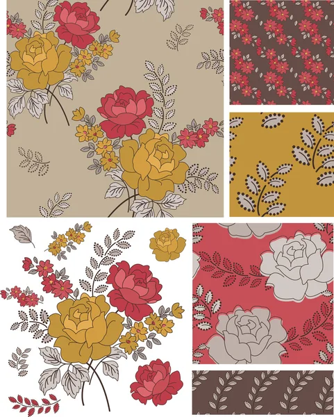 Retro Style Vector Rose Floral Patterns and Elements. — Stock Vector