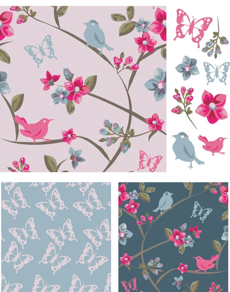 春の鳥花のベクトルのシームレスなパターンとアイコン. — ストックベクタ
