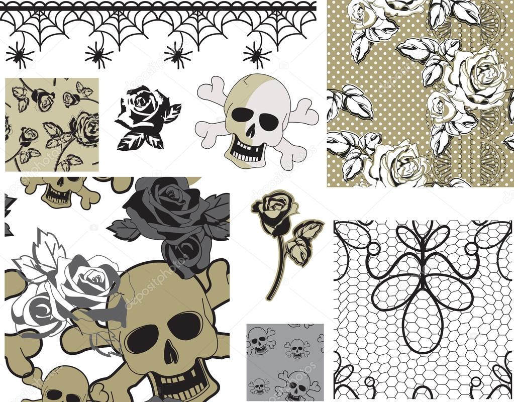 Floral Rose Skull Vector Seamless Patterns and Icons.