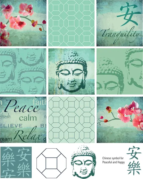 Thai Buddha inspired grunge vector patchwork pieces and elements — Stock Vector