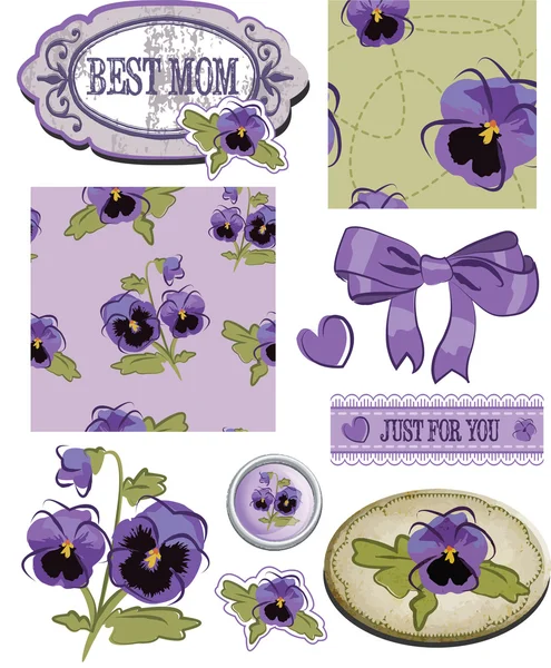 Dia das Mães Pansy Flower Scrap elementos de reserva e padrões . —  Vetores de Stock