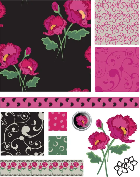 黒とピンクのポピー ベクトル パターン — ストックベクタ