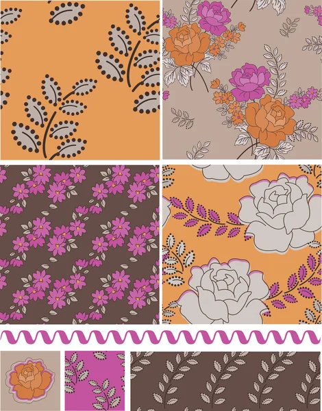 Retro Style Vector Rose Floral Patterns and Elements. — Stock Vector