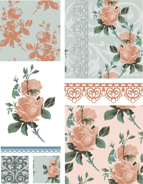 Vintage Rose Floral Seamless Patterns.