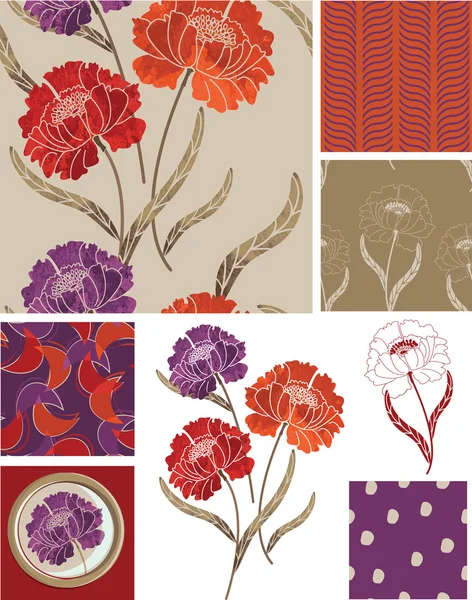 Summer Peony Flower Seamless Vector Patterns and Icons. Royalty Free Stock Vectors