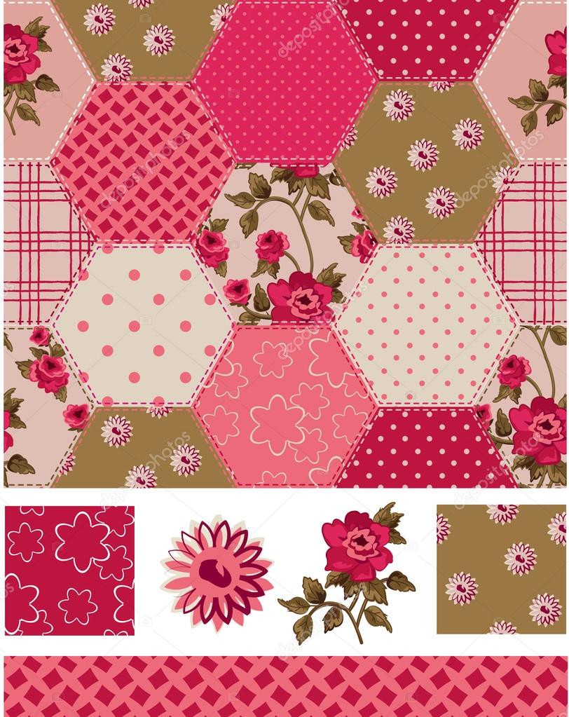 Vintage Inspired Patchwork Rose Seamless Patterns and Icons.