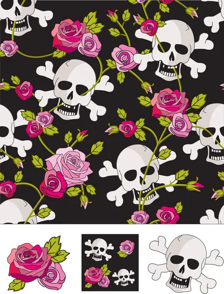 Vector Skull & Roses Seamless Patterns. — Stock Vector