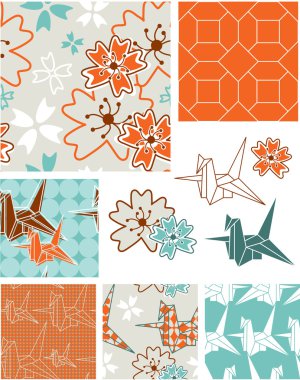Japanese Inspired Floral Seamless Vector Patterns and Elements. clipart