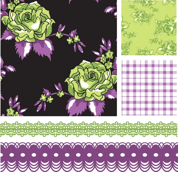 Purple Rose Floral Vector Seamless Pattern and trims. — Stock Vector