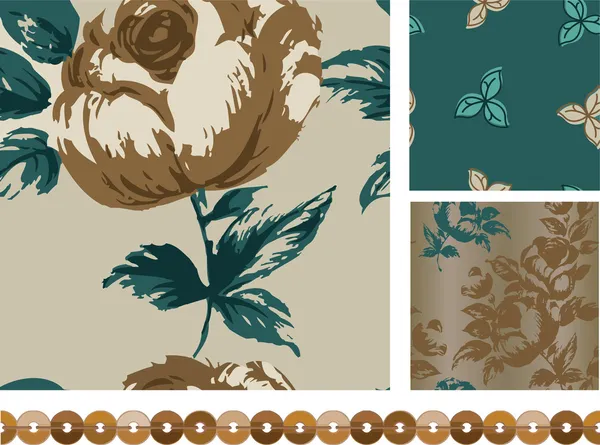 Floral Rose Vector Seamless Patterns and Trim. Stock Illustration