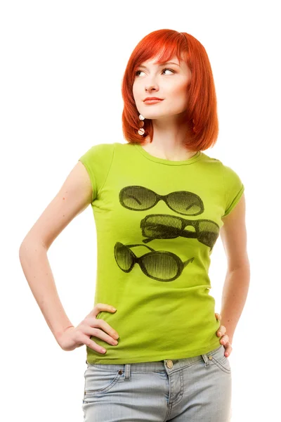 Beautiful redhead girl in green t-shirt — Stock Photo, Image