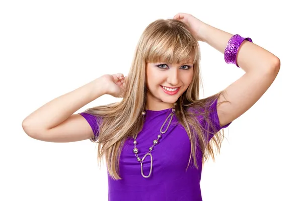 Beautiful girl in purple clothes with silver necklace — Stock Photo, Image