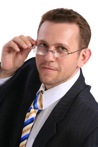 Uomo d'affari che tiene gli occhiali — Foto Stock