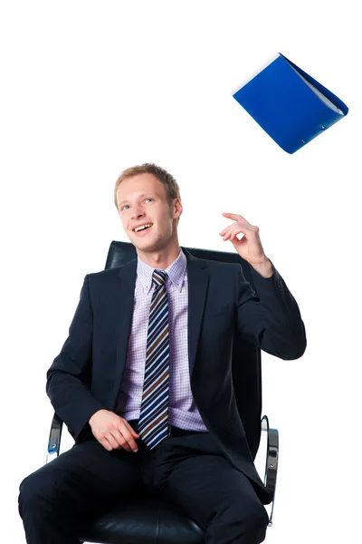 Happy businessman throwing away folder with documents — Stock Photo, Image