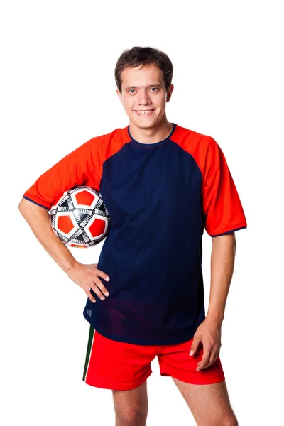 Smiling footballer with football — Stock Photo, Image