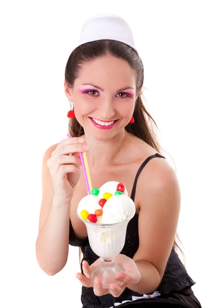 Waitress in uniform and bright make-up holding ice-cream isolated on white — Stock Photo, Image