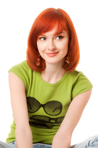 Beautiful redhead girl in green t-shirt — Stock Photo, Image