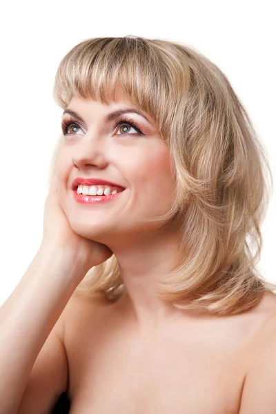 Sorrindo rosto de mulher no fundo branco — Fotografia de Stock