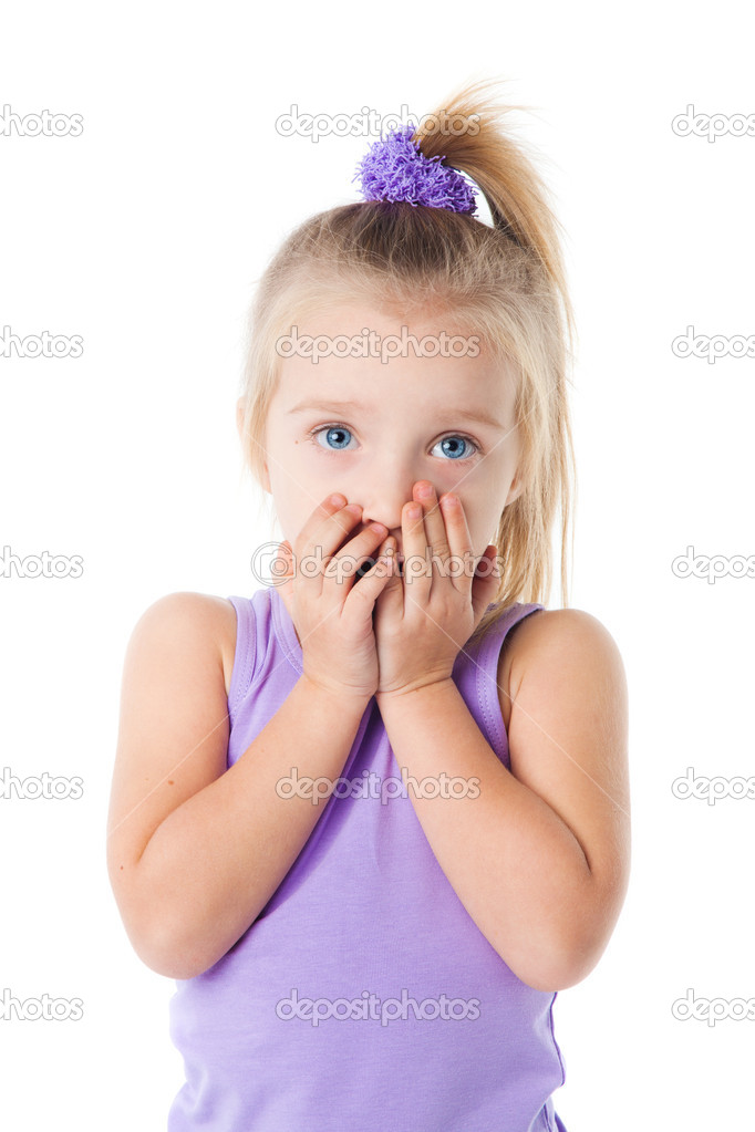 Surprised little girl in purple t-shirt