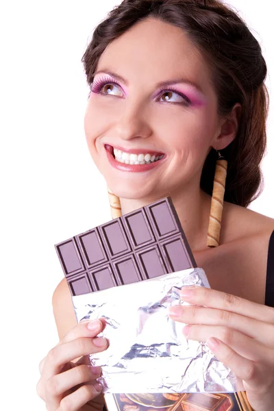 Woman with big chocolate bar in her hands — Stock Photo, Image