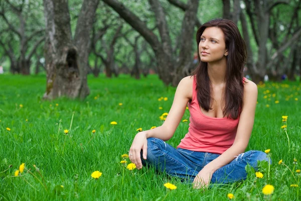 Schöne brünette Mädchen sitzt auf Gras — Stockfoto