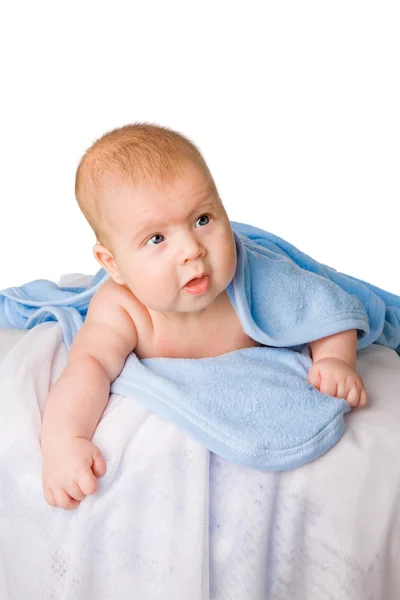 Baby in blue bath towel — Stock Photo, Image