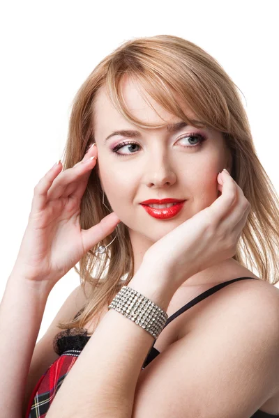 Smiling beautiful girl with red lip-stick — Stock Photo, Image