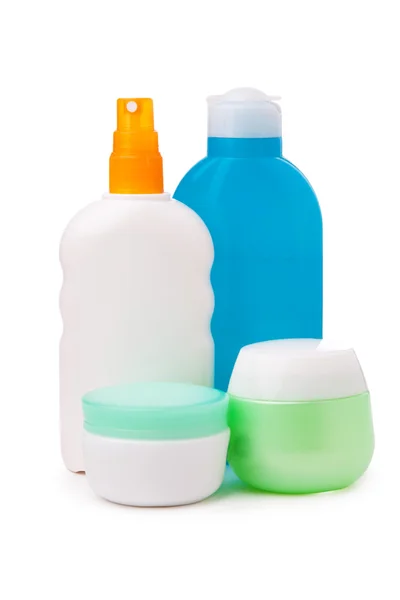 Set botol plastik perawatan tubuh dan produk kecantikan — Stok Foto
