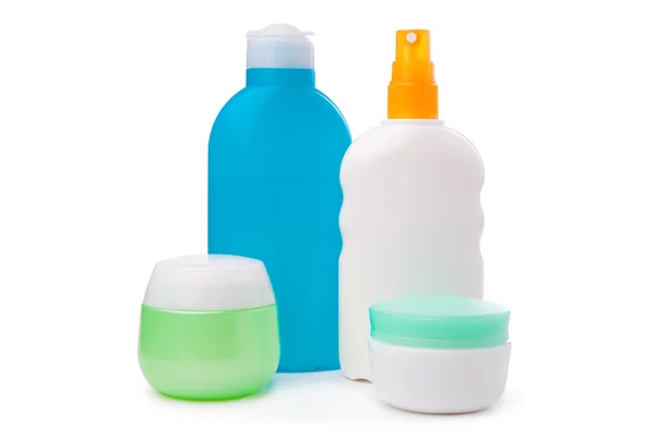 Conjunto de botellas de plástico de productos de belleza y cuidado corporal —  Fotos de Stock