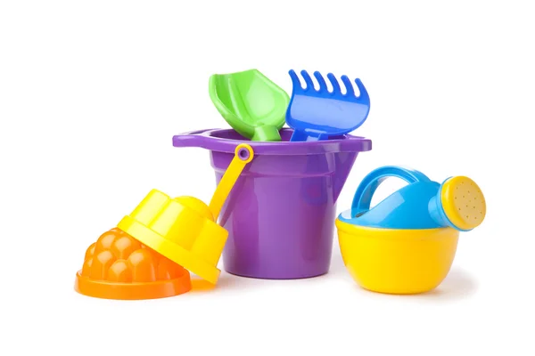 玩具紫色桶与锹和耙，浇水可以 — 图库照片