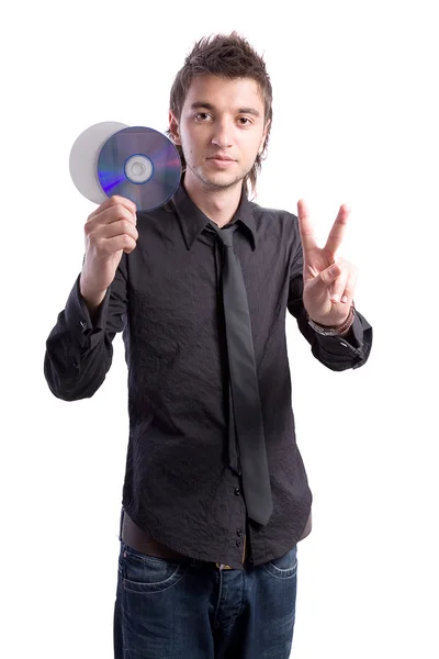 Lächelnder Junge mit zwei CDs — Stockfoto