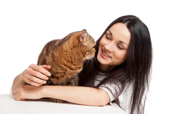 Bella sorridente ragazza bruna e il suo gatto rossiccio su ba bianco — Foto Stock