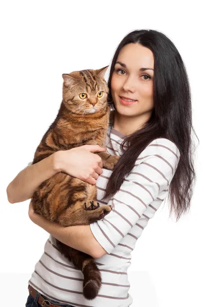 Beautiful smiling brunette girl and her ginger cat over white ba — Stock Photo, Image