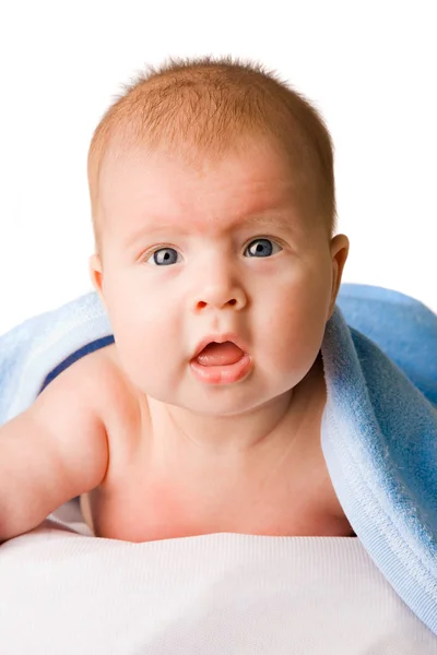 Baby in blue bath towel — Stock Photo, Image