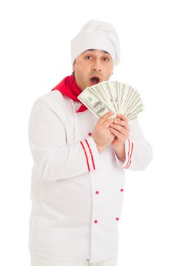 jamón op plaatfan beyaz üniforma giyen dolar tutan adam pişirmek