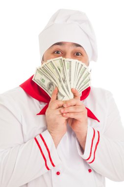 jamón op plaatfan beyaz üniforma giyen dolar tutan adam pişirmek