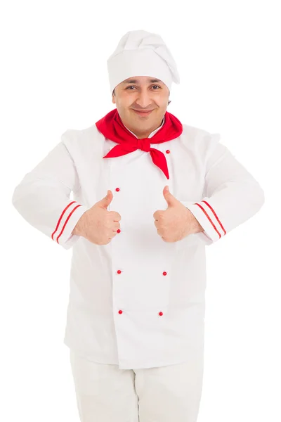 Retrato del chef mostrando el signo de pulgar hacia arriba con ambas manos — Foto de Stock