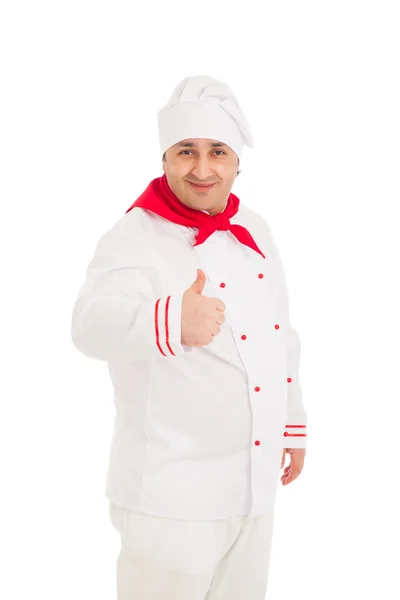 Retrato del Chef Mostrando Cartel de Pulgar Arriba con uniforme blanco — Foto de Stock