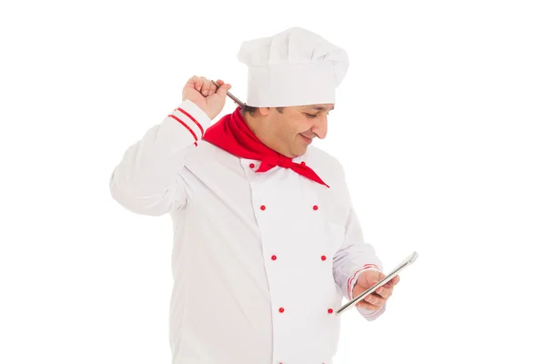 Smiling cook man holding notebook and pen, thinking — Stock Photo, Image