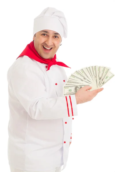 Cocinero hombre celebración fan de dólares vistiendo blanco uniforme — Foto de Stock